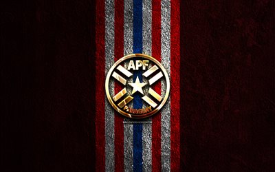 サッカー パラグアイ代表チームのゴールデン ロゴ, 4k, 赤い石の背景, コンメボル, 代表チーム, サッカー パラグアイ代表チームのロゴ, サッカー, パラグアイのサッカー チーム, フットボール, サッカー パラグアイ代表