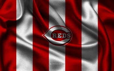 4k, cincinnati reds logosu, beyaz kırmızı ipek kumaş, amerikan beyzbol takımı, cincinnati reds amblemi, mlb, cincinnati kırmızıları, amerika birleşik devletleri, beyzbol, cincinnati reds bayrağı, beyzbol birinci ligi
