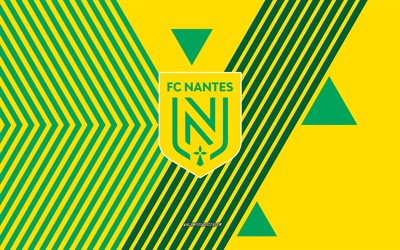fc nantes logosu, 4k, fransız futbol takımı, sarı yeşil çizgiler arka plan, fc nantes, 1 lig, fransa, hat sanatı, fc nantes amblemi, futbol