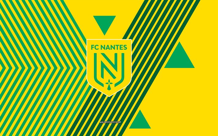 logo dell'fc nantes, 4k, squadra di calcio francese, sfondo giallo linee verdi, fc nantes, lega 1, francia, linea artistica, emblema dell'fc nantes, calcio