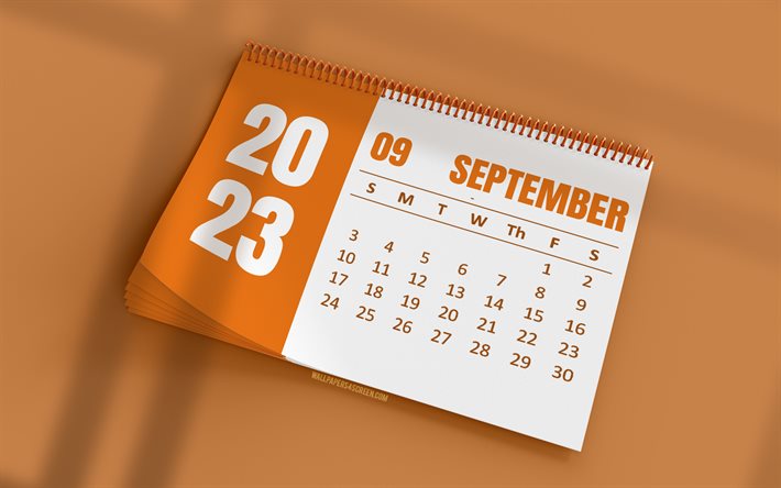 septemberkalender 2023, 4k, oranger tischkalender, 3d kunst, orangefarbene hintergründe, september, kalender 2023, herbstkalender, september 2023 kalender, geschäftskalender 2023 september, september kalender 2023, tischkalender 2023
