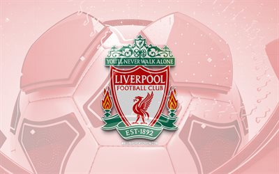 Liverpool FC glossy logo, 4K, red football background, Premier League, soccer, english football club, Liverpool FC 3D logo, Liverpool FC emblem, Liverpool FC, football, sports logo, Liverpool