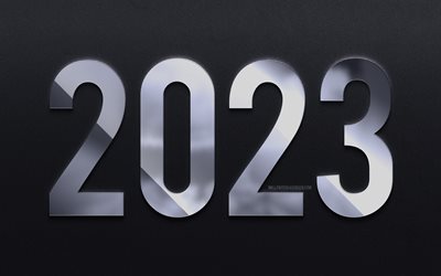 4k, 2023 feliz año nuevo, dígitos metálicos 3d, 2023 año, trabajar, 2023 conceptos, 2023 dígitos 3d, 2023 conceptos de negocio, feliz año nuevo 2023, obra de arte, 2023 fondo gris, 2023 dígitos espejo