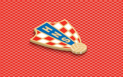 4k, logo isométrico da seleção nacional de futebol da croácia, arte 3d, arte isométrica, seleção croata de futebol, fundo vermelho, croácia, futebol, emblema isométrico