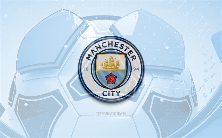 hochglanz logo von manchester city fc, 4k, blauer fußballhintergrund, erste liga, fußball, englischer fußballverein, manchester city fc 3d logo, manchester city fc emblem, fc manchestercity, sport logo, manchester city