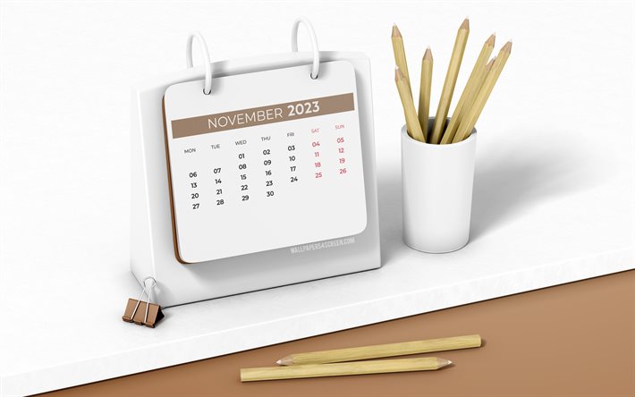 4k, 2023年11月のカレンダー, 鉛筆, 3dアート, 茶色の卓上カレンダー, 11月, 2023年カレンダー, 白いテーブル, 秋のカレンダー, 2023年卓上カレンダー, 2023年営業11月カレンダー