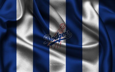 4k, logo dodgers de los angeles, tissu de soie bleu blanc, équipe américaine de base ball, emblème des dodgers de los angeles, mlb, dodgers de los angeles, etats unis, base ball, drapeau des dodgers de los angeles, ligue majeure de baseball