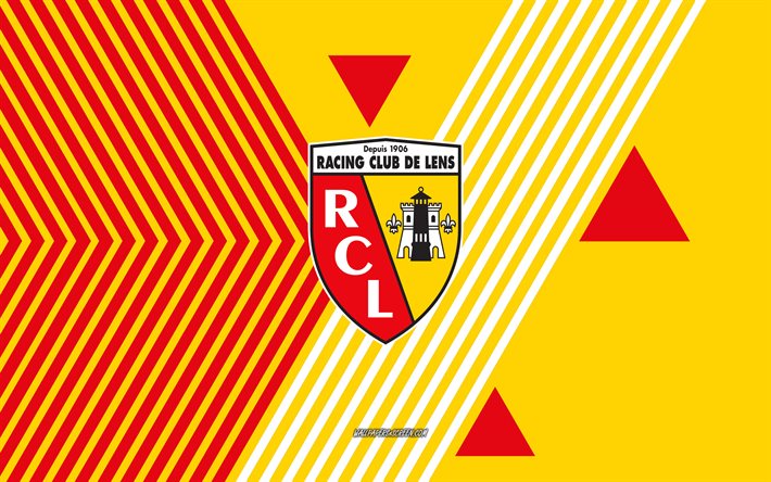 logotipo da lente rc, 4k, time de futebol francês, fundo de linhas amarelas vermelhas, lente rc, ligue 1, frança, arte de linha, emblema da lente rc, futebol, lente fc