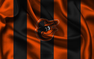 4k, logo dei baltimora orioles, tessuto di seta nero arancione, squadra di baseball americana, emblema dei baltimora orioles, mlb, orioles di baltimora, stati uniti d'america, baseball, bandiera dei baltimora orioles, major league baseball