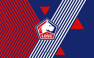 lille osc logosu, 4k, fransız futbol takımı, kırmızı mavi çizgiler arka plan, lille osc, 1 lig, fransa, hat sanatı, lille osc amblemi, futbol, lille fc