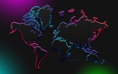 नियॉन दुनिया का नक्शा, 4k, डिजिटल दुनिया का नक्शा, रचनात्मक, विश्व मानचित्र अवधारणाओं, डार्क बैकग्राउंड, दुनिया के नक्शे, काली दुनिया का नक्शा