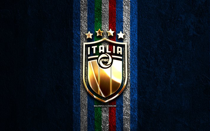Italy national football team golden logo, 4k, blue stone background, UEFA, national teams, Italy national football team logo, soccer, Italian football team, football, Italy national football team