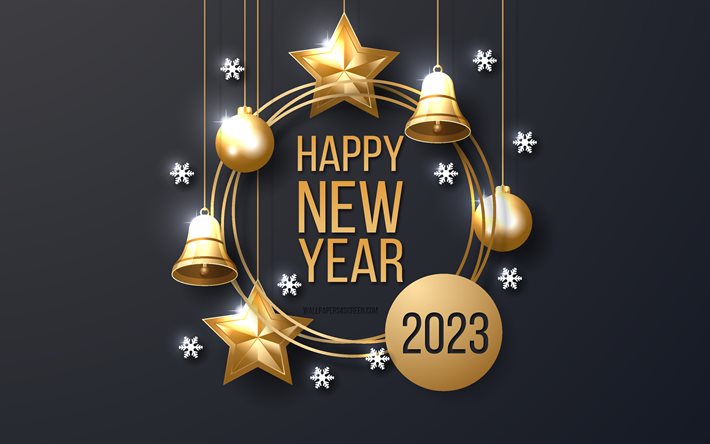 2023 Happy New Year, 4k, golden christmas frame, 2023 black golden background, 2023 concepts, Happy New Year 2023, golden christmas decorations, 2023 greeting card