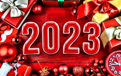 4k, 2023年明けましておめでとうございます, 赤の 3d 数字, クリスマスフレーム, 2023年のコンセプト, クリスマスの飾り, 2023 3d 数字, 明けましておめでとうございます 2023, クリエイティブ, 2023 赤数字, 2023 赤背景, 2023年
