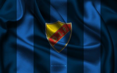 4k, djurgarden si logotipo, tela de seda azul, equipo de fútbol sueco, djurgarden si emblema, allsvenskan, djurgarden si, suecia, fútbol americano, djurgarden si bandera