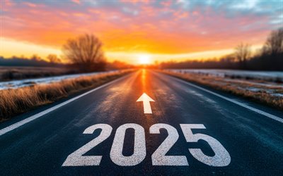 2025 Happy New Year, forward to 2025, 2025 on the asphalt, 2025 concepts, 2025 greeting card, Happy New Year 2025, sunset