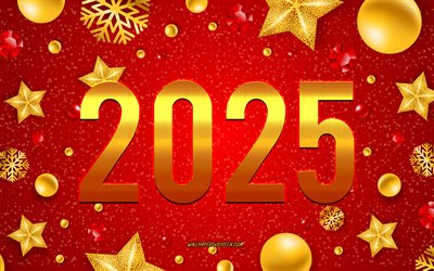 Happy New Year 2025, red christmas background, 2025 concepts, golden christmas decorations, 2025 Happy New Year, 2025 greeting card