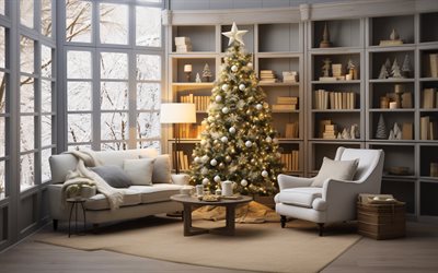 julgran, gott nytt år, julinredning, julkväll, biblioteksmodern interiör, vinter, snö