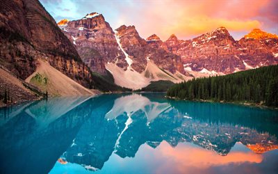 moraine  see, 4k, orangefarbene wolken, sonnenuntergang, blaue seen, hdr, kanadische wahrzeichen, alberta, gebirge, tal der zehn gipfel, wald, banff  nationalpark, reisekonzepte, kanada, banff