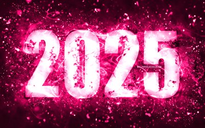 Happy New Year 2025, 4k, pink neon lights, 2025 concepts, 2025 Happy New Year, neon art, creative, 2025 pink background, 2025 year, 2025 pink digits