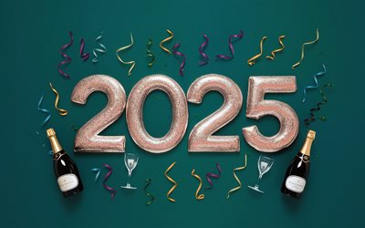 Happy New Year 2025, green background, 2025 3d art, champagne, 2025 Happy New Year, 2025 concepts, 2025 greeting card
