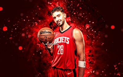 alperen sengun, 4k, röda neonljus, houston raketer, nba, turkiska basketspelare, alperen sengun 4k, basketboll, alperen sengun houston rockets