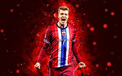 alexander sorloth, 4k, röda neonljus, norge national football team, uefa, norska fotbollsspelare, fotboll, landslag, alexander sorloth 4k