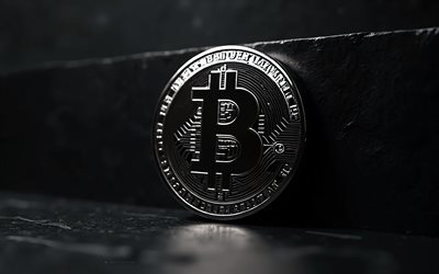 Bitcoin silver coin, 4k, cryptocurrency, Bitcoin sign, Bitcoin logo, Bitcoin emblem, Bitcoin symbol, Bitcoin, black background