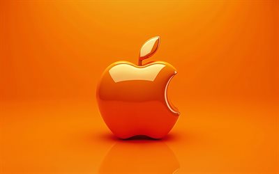 애플 오렌지 로고, 4k, 오렌지 배경, 애플 글로시 로고, 애플 엠블럼, 애플 3d 로고, 사과 사인, 애플 로고, 사과