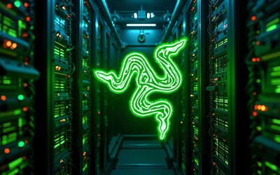 4k, Razer green neon logo, darkness, electronics brands, bokeh, datacenter racks, artwork, Razer logo, brands logo, Razer neon logo, Razer, brands, Razer green logo