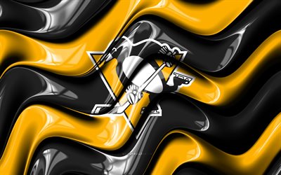logotipo 3d de los pingüinos de pittsburgh, 4k, ondas 3d amarillas negras, nhl, hockey, bandera de los pingüinos de pittsburgh, creativo, logotipo de los pingüinos de pittsburgh, emblema de los pingüinos de pittsburgh, equipo de hockey americano, pingüinos de pittsburgh