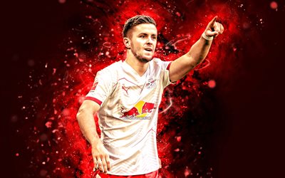 Christoph Baumgartner, 4k, red neon lights, RB Leipzig, Bundesliga, Austrian footballers, Christoph Baumgartner 4K, football, soccer, RasenBallsport Leipzig, Christoph Baumgartner RB Leipzig