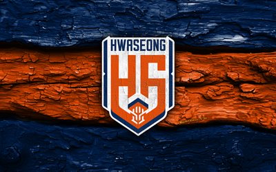 Hwaseong FC wooden logo, 4k, blue orange wooden background, K League 2, soccer, Hwaseong FC logo, football, Hwaseong FC emblem, Hwaseong FC, south korean football club, FC Hwaseong