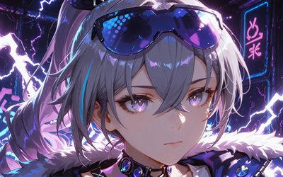 4k, silberner wolf, nahaufnahme, violette lichter, honkai star rail, dunkelheit, anime charaktere, manga, honkai star rail charaktere, silver wolf honkai star rail