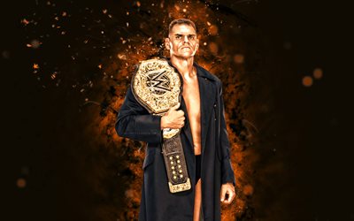 gunther, 4k, luzes de néon laranja, wwe, criativo, lutador americano, walter hahn, gunther com cintos, fundo abstrato laranja, entretenimento de luta livre mundial, lutadores, gunter 4k