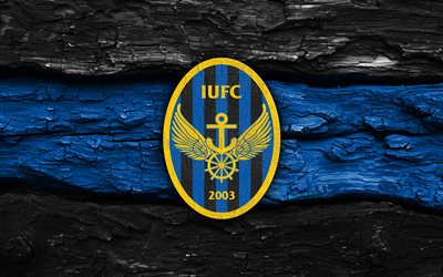 인천 유나이티드 나무 로고, 4k, 검은색 파란색 나무 배경, k리그2, 축구, 인천 유나이티드 로고, 인천 유나이티드 엠블럼, 인천 유나이티드, 한국 축구 클럽, 인천 유나이티드 fc