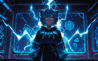 Neneko Mashiro, 4k, darkness, blue lightings, Virtual YouTuber, artwork, VTuber, girl with blue eyes, Neneko Mashiro StelLive, manga, StelLive channel, StelLive Virtual YouTuber