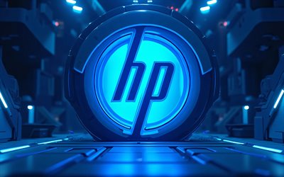 Hewlett-Packard blue logo, 4k, artwork, bokeh, blue 3D background, HP logo, creative, HP 3D logo, electronics brands, Hewlett-Packard 3D logo, Hewlett-Packard, brands logo, Hewlett-Packard logo