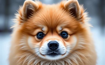 spitz de poméranie, 4k, hiver, bokeh, forêt, chiens, museau, animaux mignons, loulou, animaux de compagnie, chien en forêt, chien spitz de poméranie