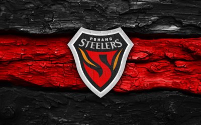 Pohang Steelers wooden logo, 4k, black red wooden background, K League 1, soccer, Pohang Steelers logo, football, Pohang Steelers emblem, Pohang Steelers, south korean football club, Pohang Steelers FC