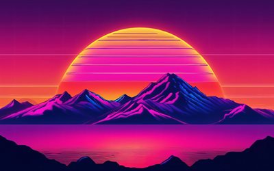 4k, tramonto astratto, luna, montagne, orizzonte, arte retroonda, futuresynth, creativo, paesaggi astratti, retroonda, sfondi naturali astratti, paesaggi di retroonda, spiaggia a onde retroattive