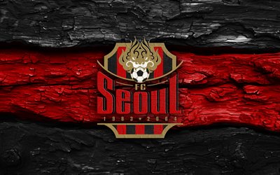 FC Seoul wooden logo, 4k, black red wooden background, K League 1, soccer, FC Seoul logo, football, FC Seoul emblem, FC Seoul, south korean football club, Seoul FC