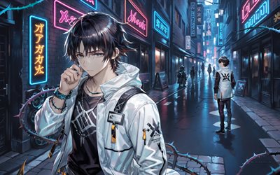 4k, espinas, noche, calle, arknights, obra de arte, luces de neón, manga, linternas japonesas, personajes de anime, operador de guardia del señor ibérico, personajes de arknights, espinas arknights