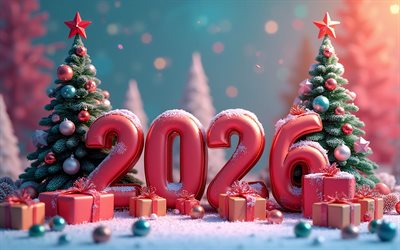 4k, 2026 dígitos rojos 3d, feliz año nuevo, decoraciones navideñas, cajas de regalo, arboles de navidad, 2026 conceptos, creativo, 2026 dígitos 3d, inscripción 2026, 2026 dígitos rojos, 2026 año nuevo, 2026 arte