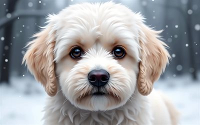 4k, माल्टिपू, सर्दी, bokeh, जंगल, कुत्ते, थूथन, प्यारे जानवर, पालतू जानवर, जंगल में कुत्ता, माल्टिपू कुत्ता