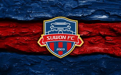 Suwon FC wooden logo, 4k, blue red wooden background, K League 1, soccer, Suwon FC logo, football, Suwon FC emblem, Suwon FC, south korean football club, FC Suwon