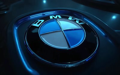 emblema de bmw, signo de bmw, iluminación de neón azul, logotipo metálico de bmw, coches alemanes, logotipo 3d de bmw, bmw