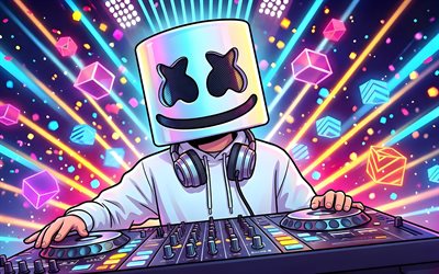 4k, djマシュメロ, 抽象芸術, クリストファー・コムストック, djコンソール, 音楽スター, マシュメロマスク, 人気歌手, アメリカのdj, スーパースター, 漫画 dj マシュメロ, マシュメロ, dj, マシュメロ 4k