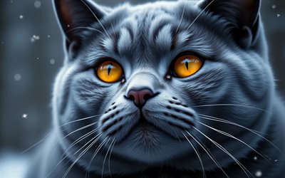 4k, britische kurzhaarkatze, nahaufnahme, winter, bokeh, katzen, schnauze, süße tiere, gelbe augen, graue katze, haustiere, katze im wald, britisch kurzhaar