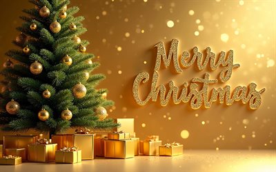 4k, Merry Christmas, gift boxes, bokeh, golden xmas decorations, New Years Eve, Christmas tree, xmas decorations, golden background, garlands, spruce branches, Christmas, Happy New Year, flashlights, Xmas tree